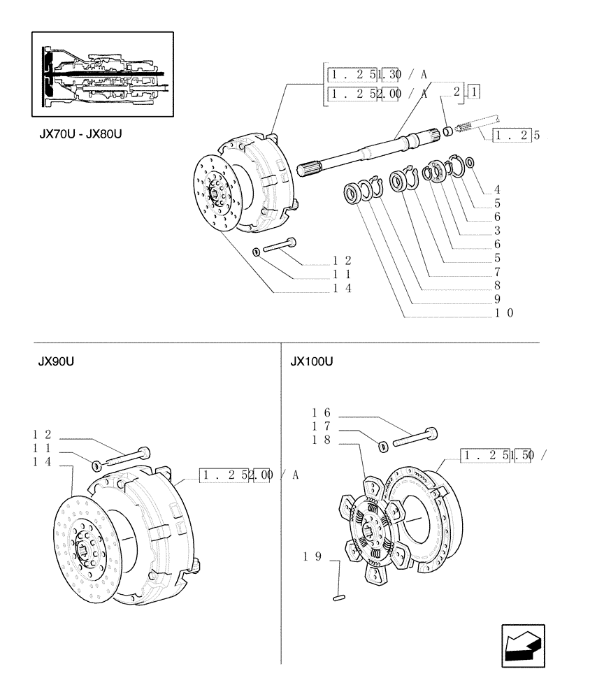 Схема запчастей Case IH JX90U - (1.25.0) - CLUTCH - SHAFT, RETAINING RINGS (03) - TRANSMISSION