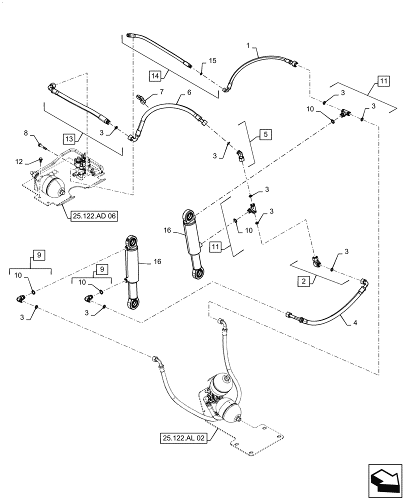 Схема запчастей Case IH MAGNUM 250 - (25.122.AD[02]) - FRONT AXLE SUSPENSION HYDR LINES - CL 4.75 OR CL 5 WITH CVT (25) - FRONT AXLE SYSTEM