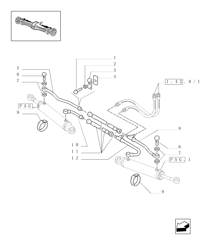 Схема запчастей Case IH JX80U - (1.40.0/123[02]) - (VAR.308-308/1) FRONT AXLE CL. 2 HYDR. LOCK. 30-40 KM/H. - PIPES (04) - FRONT AXLE & STEERING