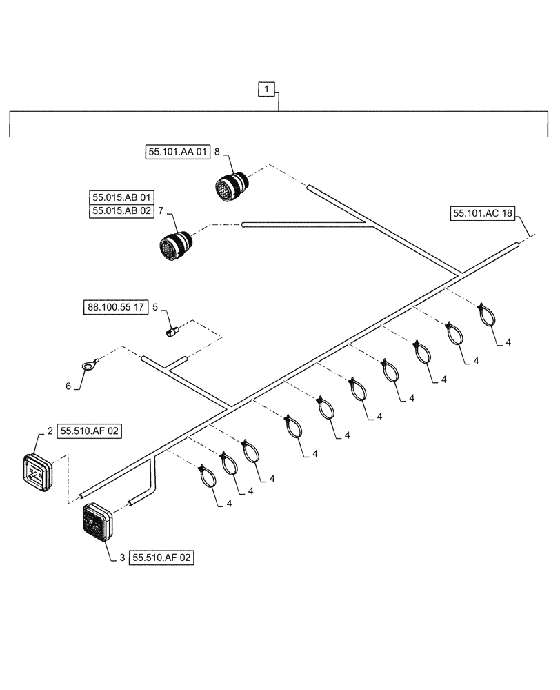 Схема запчастей Case IH 8240 - (55.101.AC[17]) - MAIN FRAME EXTENSION WIRE HARNESS & CONNECTOR (55) - ELECTRICAL SYSTEMS