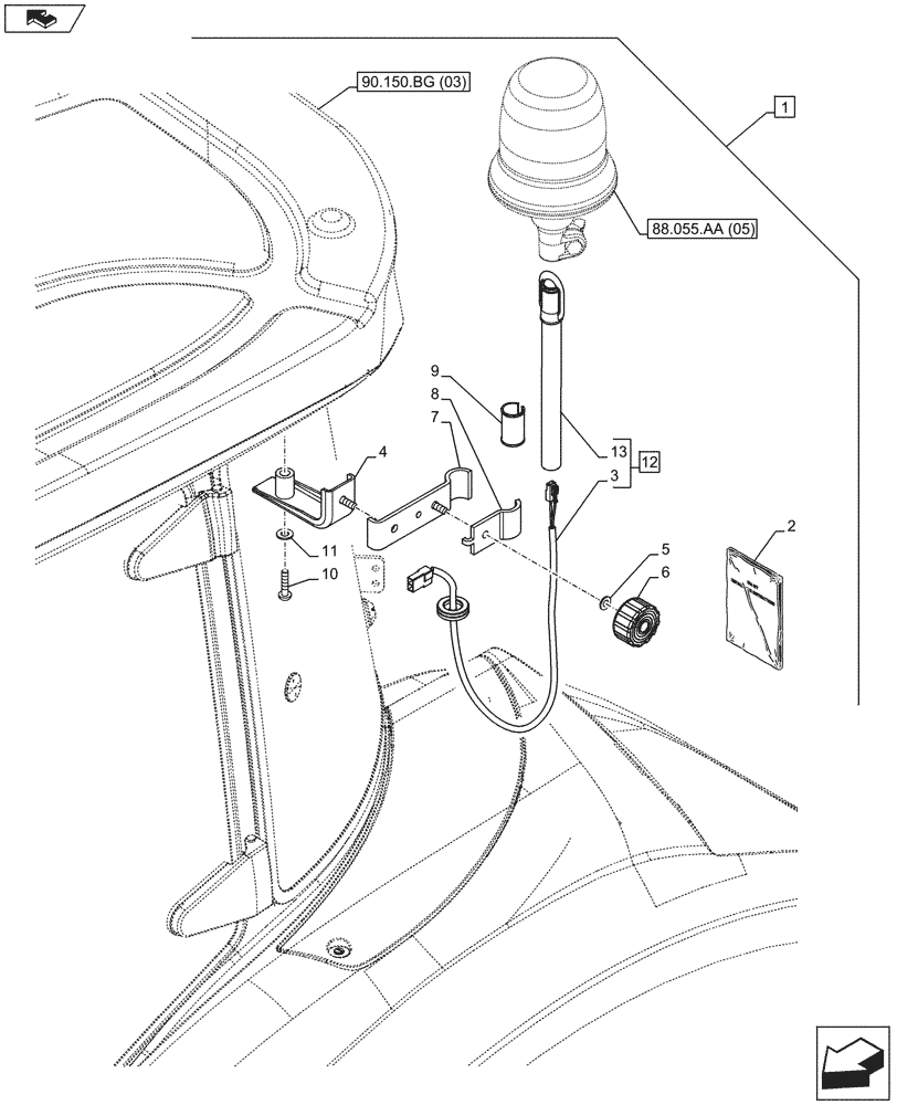 Схема запчастей Case IH FARMALL 115U - (88.055.AA[04]) - DIA KIT, TRACTOR, 1 ROTARY BEACON, SUPPORT (88) - ACCESSORIES