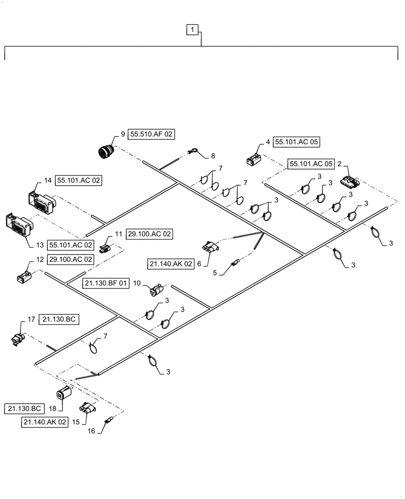 Схема запчастей Case IH 8240 - (55.101.AC[19]) - FRONT LOWER FRAME WIRE HARNESS & CONNECTOR (55) - ELECTRICAL SYSTEMS