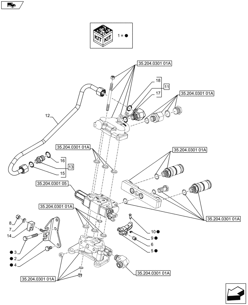 Схема запчастей Case IH FARMALL 65C - (35.204.0301[02A]) - 1 REAR CONTROL VALVE WITH 2 DELUXE COUPLERS - SUPPORTS AND PIPES - BEGIN YR 10-MAY-2016 (35) - HYDRAULIC SYSTEMS