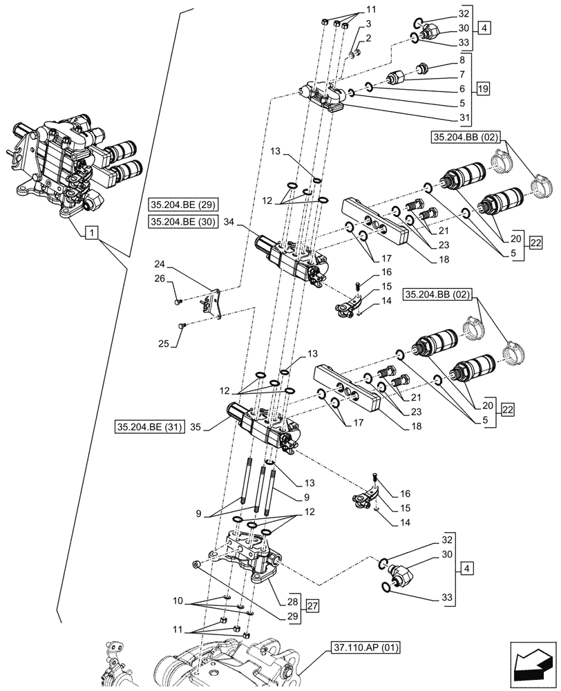 Схема запчастей Case IH FARMALL 95C - (35.204.BE[07A]) - VAR - 743569 - REMOTE CONTROL VALVE (2 REMOTES, 4 COUPLERS), COMPONENTS, MECHANICAL - BEGIN YR 10-MAY-2016 (35) - HYDRAULIC SYSTEMS