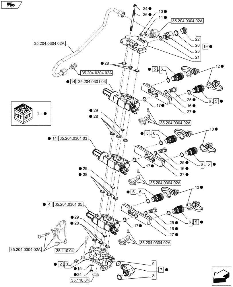 Схема запчастей Case IH FARMALL 75C - (35.204.0304[01A]) - 3 REAR CONTROL VALVES WITH 6 COUPLERS - CONTROL VALVES AND QUICK COUPLERS - ISO (VAR.336108) - BEGIN YR 10-MAY-2016 (35) - HYDRAULIC SYSTEMS