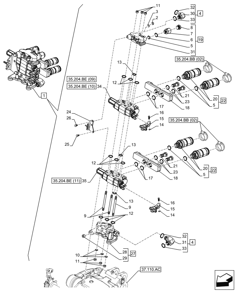 Схема запчастей Case IH FARMALL 65C - (35.204.BE[04A]) - VAR - 334107, 743569 - REMOTE CONTROL VALVE (2 REMOTE, 4 COUPLERS) - BEGIN YR 10-MAY-2016 (35) - HYDRAULIC SYSTEMS