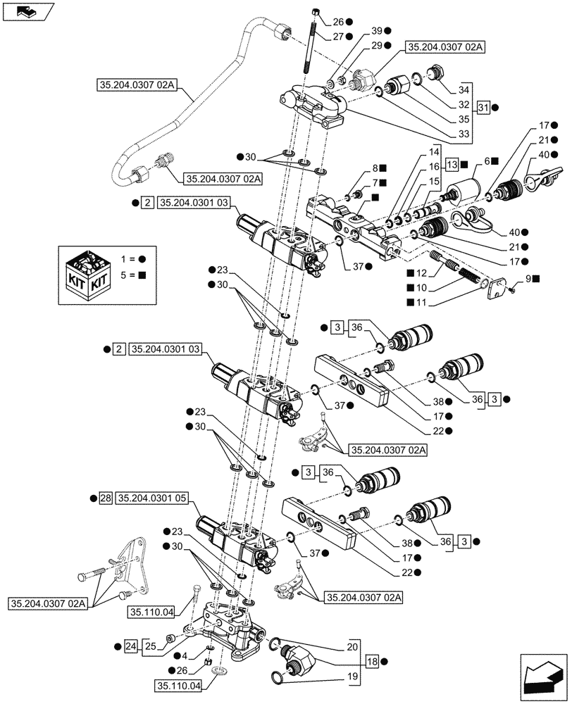 Схема запчастей Case IH FARMALL 65C - (35.204.0307[01A]) - 3 REAR CONTROL VALVES WITH 8 COUPLERS (4 STD + 4 DLX) AND DIVERTER - CONTROL VALVES AND QUICK COUPLERS - ISO (VAR.335195-336195 / 743571) - BEGIN YR 10-MAY-2016 (35) - HYDRAULIC SYSTEMS