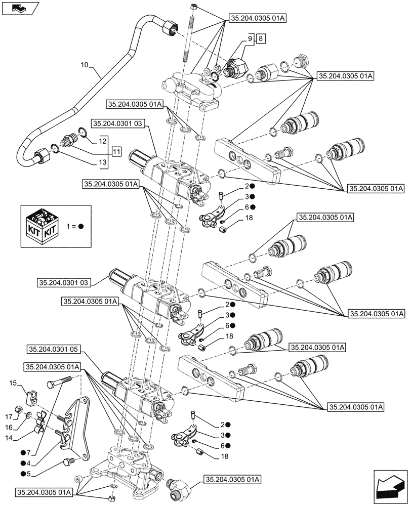 Схема запчастей Case IH FARMALL 65C - (35.204.0305[02A]) - 3 REAR CONTROL VALVES WITH 6 DELUXE COUPLERS - SUPPORTS AND PIPES - ISO (VAR.334195) - BEGIN YR 10-MAY-2016 (35) - HYDRAULIC SYSTEMS