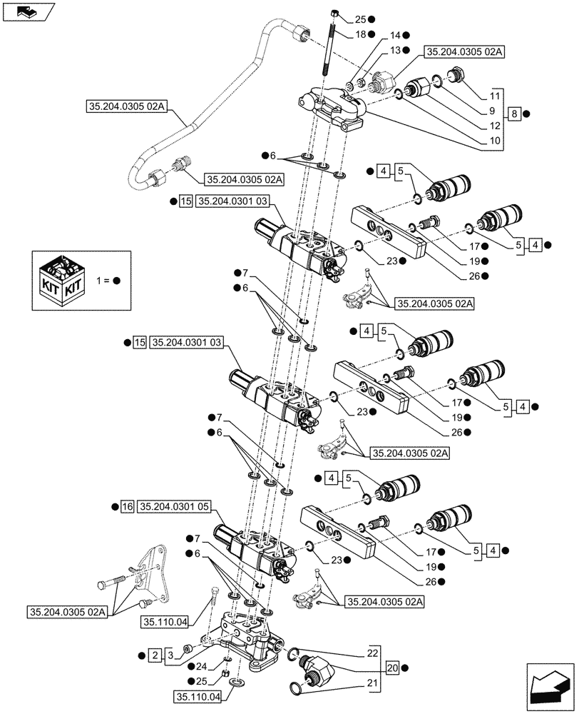 Схема запчастей Case IH FARMALL 65C - (35.204.0305[01A]) - 3 REAR CONTROL VALVES WITH 6 DELUXE COUPLERS - CONTROL VALVES AND QUICK COUPLERS - ISO (VAR.334195) - BEGIN YR 10-MAY-2016 (35) - HYDRAULIC SYSTEMS