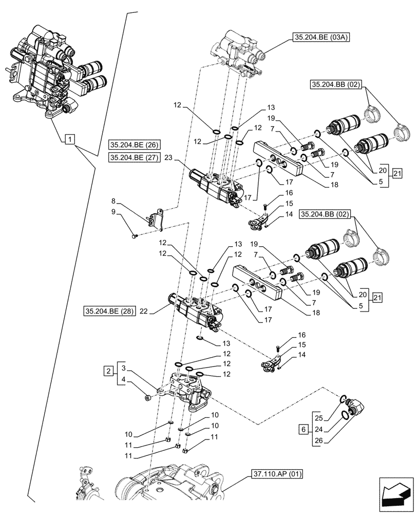 Схема запчастей Case IH FARMALL 95C - (35.204.BE[02A]) - VAR - 743569 - REMOTE CONTROL VALVE (2 REMOTES, 4 COUPLERS), COMPONENTS, HI-LO - BEGIN YR 10-MAY-2016 (35) - HYDRAULIC SYSTEMS