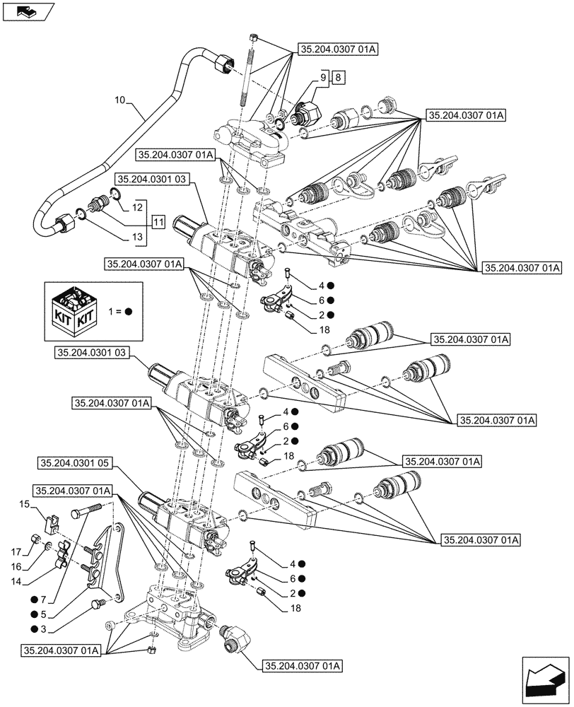 Схема запчастей Case IH FARMALL 65C - (35.204.0307[02A]) - 3 REAR CONTROL VALVES WITH 8 COUPLERS(4 STD + 4 DLX) AND DIVERTER - SUPPORTS AND PIPES - ISO (VAR.335195-336195 / 743571) - BEGIN YR 10-MAY-2016 (35) - HYDRAULIC SYSTEMS