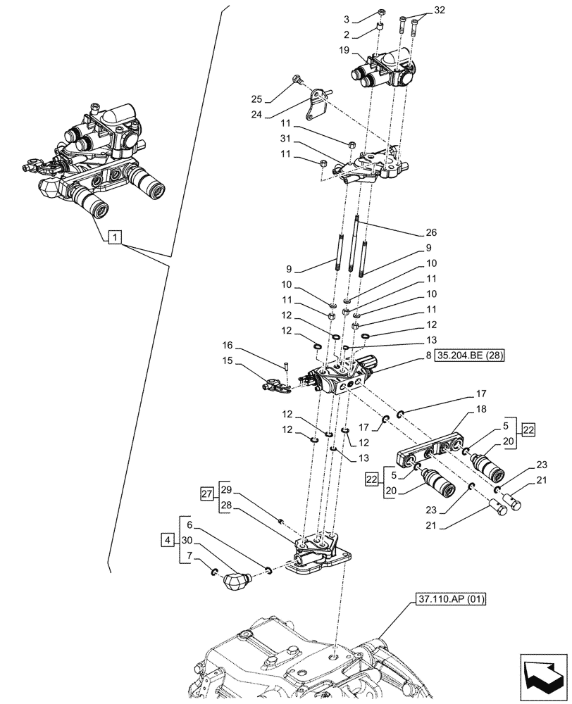 Схема запчастей Case IH FARMALL 105C - (35.204.BE[25A]) - VAR - 743568 - REMOTE CONTROL VALVE (1 REMOTE, 2 COUPLERS), COMPONENTS, HI-LO - BEGIN YR 15-JUL-2015 (35) - HYDRAULIC SYSTEMS