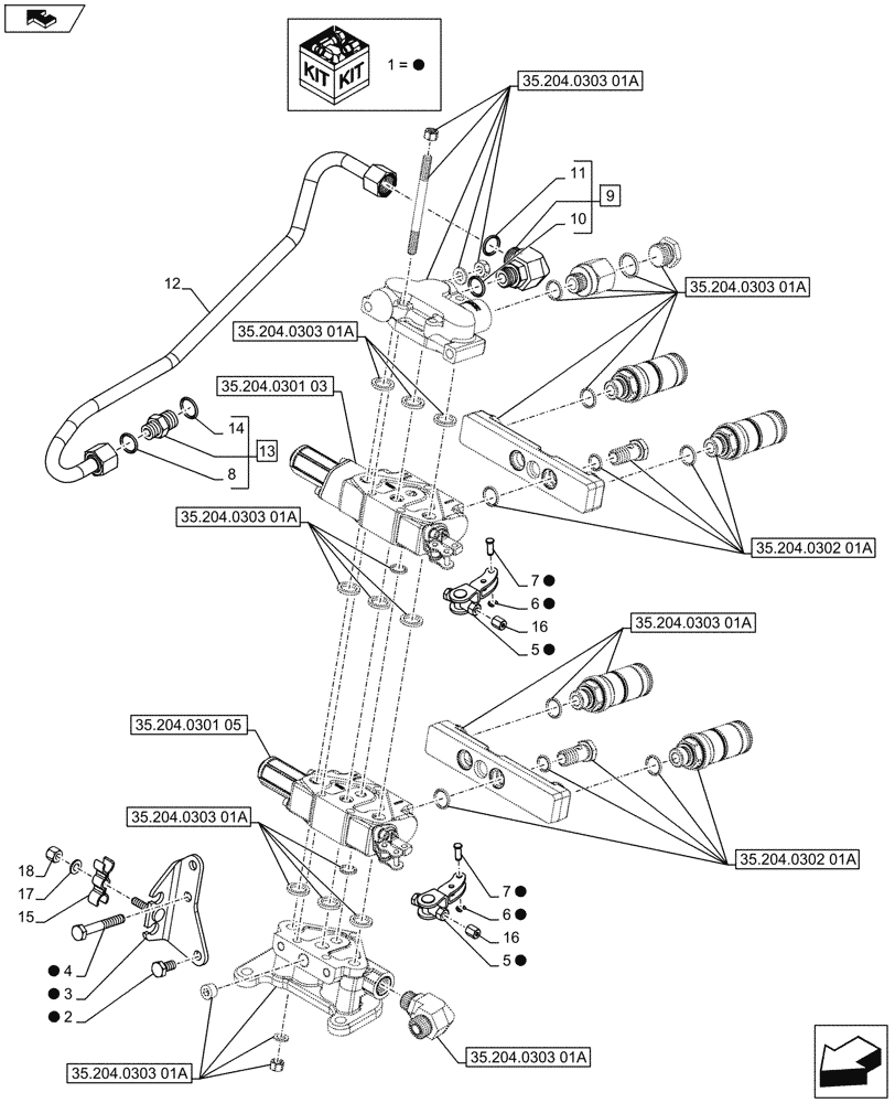 Схема запчастей Case IH FARMALL 75C - (35.204.0303[02A]) - 2 REAR CONTROL VALVES WITH 4 DELUXE COUPLERS - SUPPORTS AND PIPES (VAR.334107 / 743569; VAR.333195) - BEGIN YR 10-MAY-2016 (35) - HYDRAULIC SYSTEMS