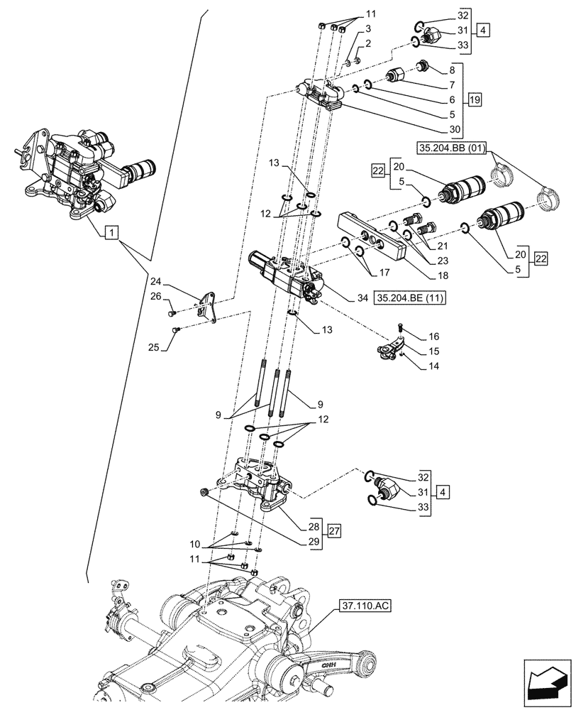 Схема запчастей Case IH FARMALL 75C - (35.204.BE[01A]) - VAR - 390107, 743568 - REMOTE CONTROL VALVE (1 REMOTE, 2 COUPLERS) - BEGIN YR 10-MAY-2016 (35) - HYDRAULIC SYSTEMS