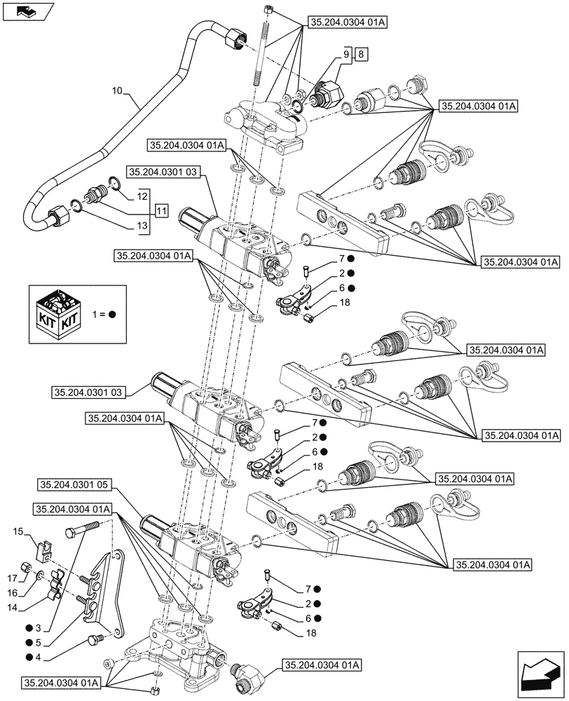 Схема запчастей Case IH FARMALL 65C - (35.204.0304[02A]) - 3 REAR CONTROL VALVES WITH 6 COUPLERS - SUPPORTS AND PIPES - ISO (VAR.336108) - BEGIN YR 10-MAY-2016 (35) - HYDRAULIC SYSTEMS