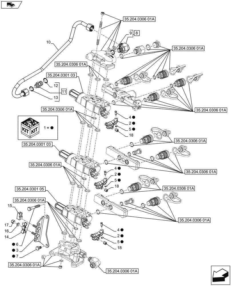 Схема запчастей Case IH FARMALL 65C - (35.204.0306[02A]) - 3 REAR CONTROL VALVES WITH 8 COUPLERS AND DIVERTER - SUPPORTS AND PIPES - ISO (VAR.337108-339108 / 743750) - BEGIN YR 10-MAY-2016 (35) - HYDRAULIC SYSTEMS