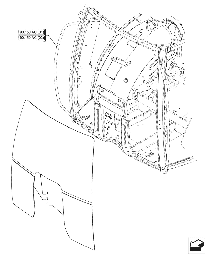 Схема запчастей Case IH PUMA 150 - (90.156.AL[03]) - VAR - 332723 - WINDSHIELD, HEATED GLASS, 1 DOOR (90) - PLATFORM, CAB, BODYWORK AND DECALS