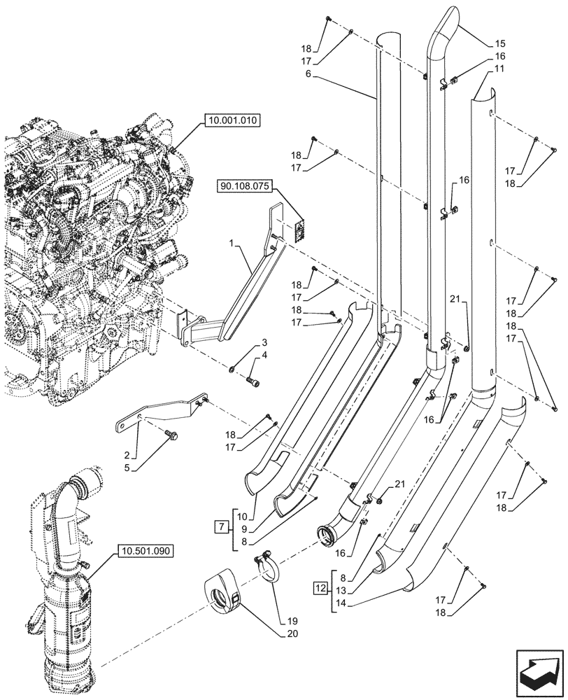 Схема запчастей Case IH FARMALL 90N - (10.254.080) - VAR - 331151 - VERTICAL EXHAUST, MUFFLER (10) - ENGINE