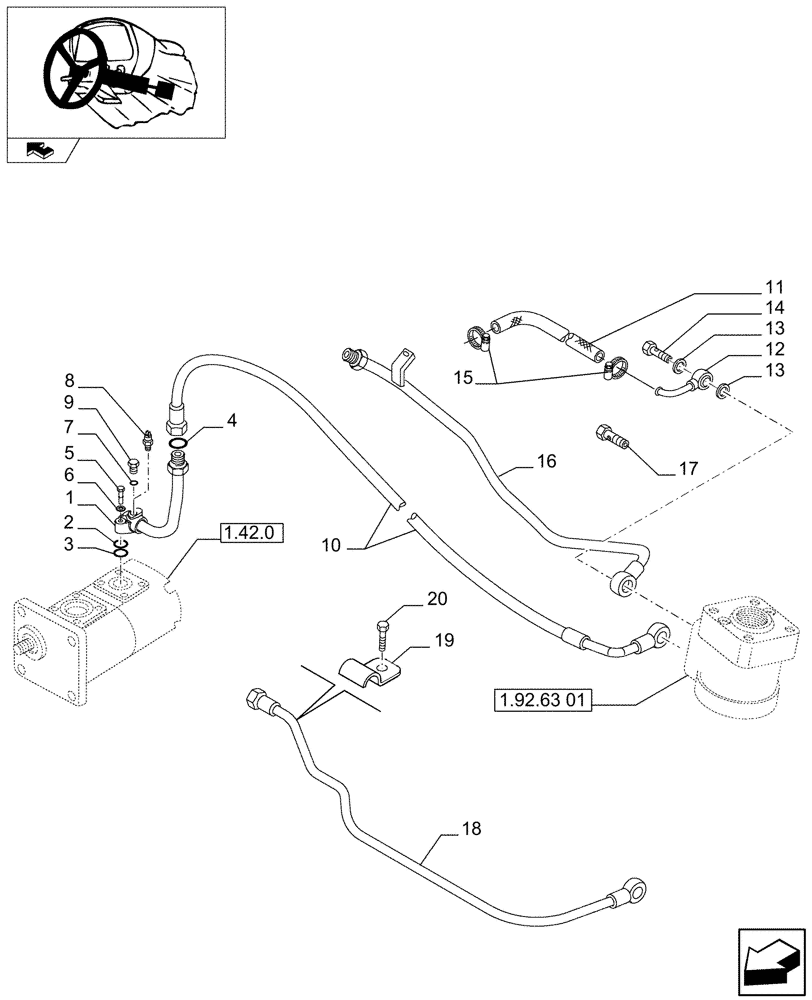 Схема запчастей Case IH FARMALL 80 - (1.92.63/01[02]) - POWER SHUTTLE E SERVO PTO FOR DIFF. LOCK - POWER STEERING - PUMP AND PIPES (VAR.330120-331120) (10) - OPERATORS PLATFORM/CAB