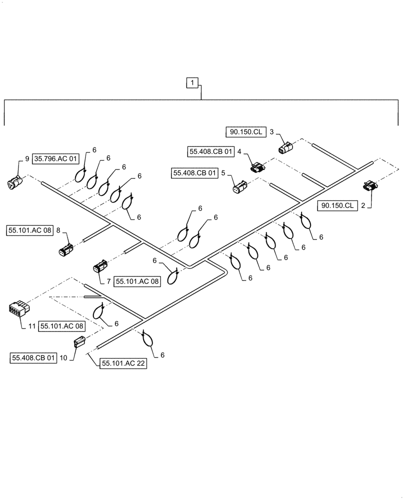 Схема запчастей Case IH 7240 - (55.101.AC[21]) - STRAW HOOD REAR WIRE HARNESS & CONNECTOR (55) - ELECTRICAL SYSTEMS