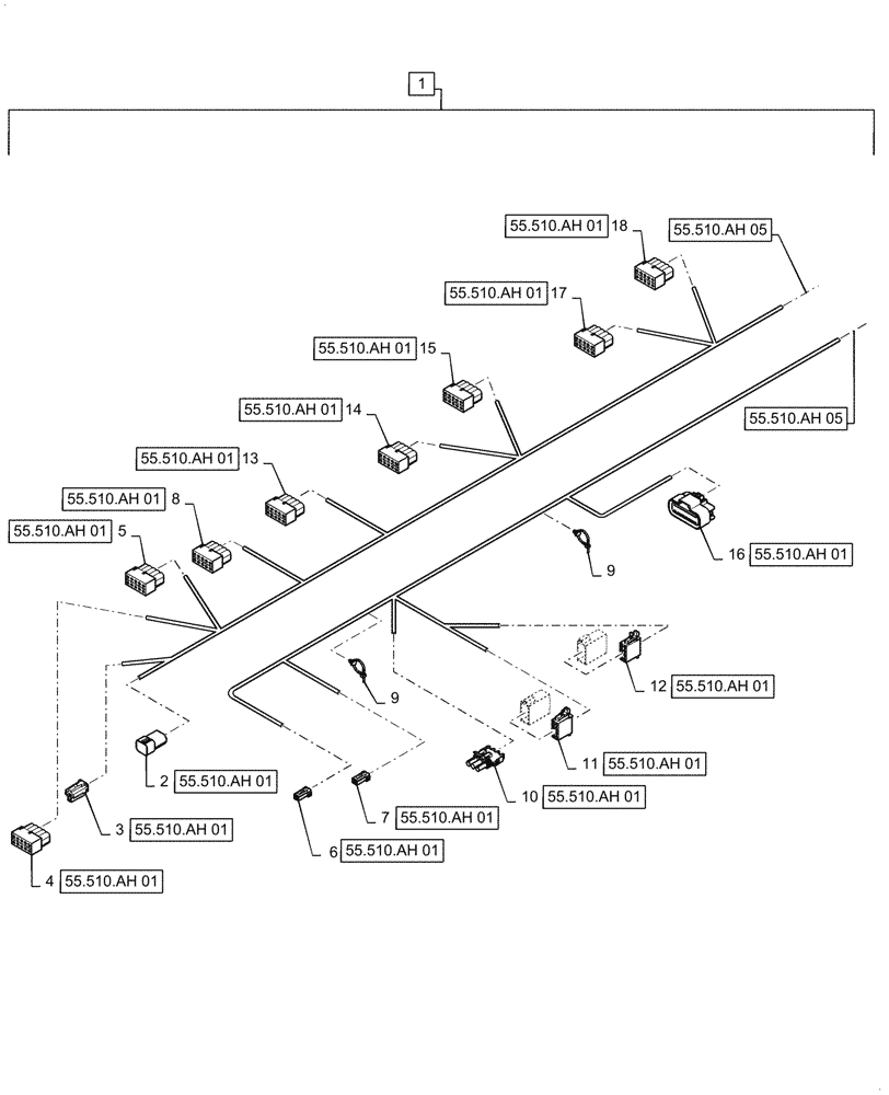 Схема запчастей Case IH 9240 - (55.510.AH[04]) - LOWER ROOF WIRE HARNESS & CONNECTOR (55) - ELECTRICAL SYSTEMS