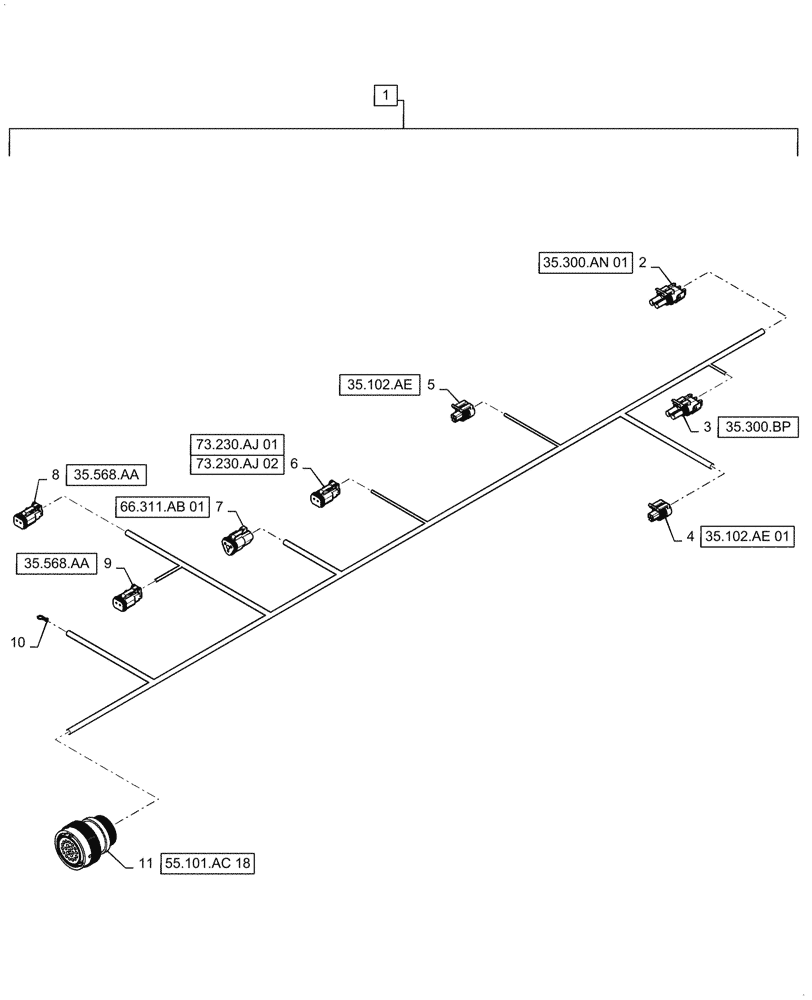 Схема запчастей Case IH 9240 - (55.101.AC[20]) - STRAW HOOD FRONT WIRE HARNESS & CONNECTOR (55) - ELECTRICAL SYSTEMS