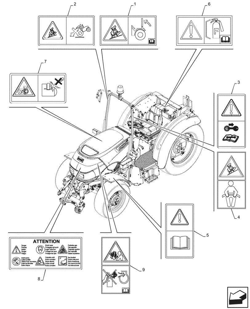 Схема запчастей Case IH FARMALL 80V - (90.108.065) - WARNING DECAL, W/O CAB (90) - PLATFORM, CAB, BODYWORK AND DECALS