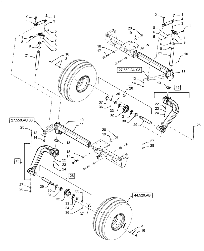 Схема запчастей Case IH WD1504 - (27.550.AU[02]) - SPINDLE ASSY, REAR AXLE, CAST SUPPORT, ASN YGG677501 (27) - REAR AXLE SYSTEM