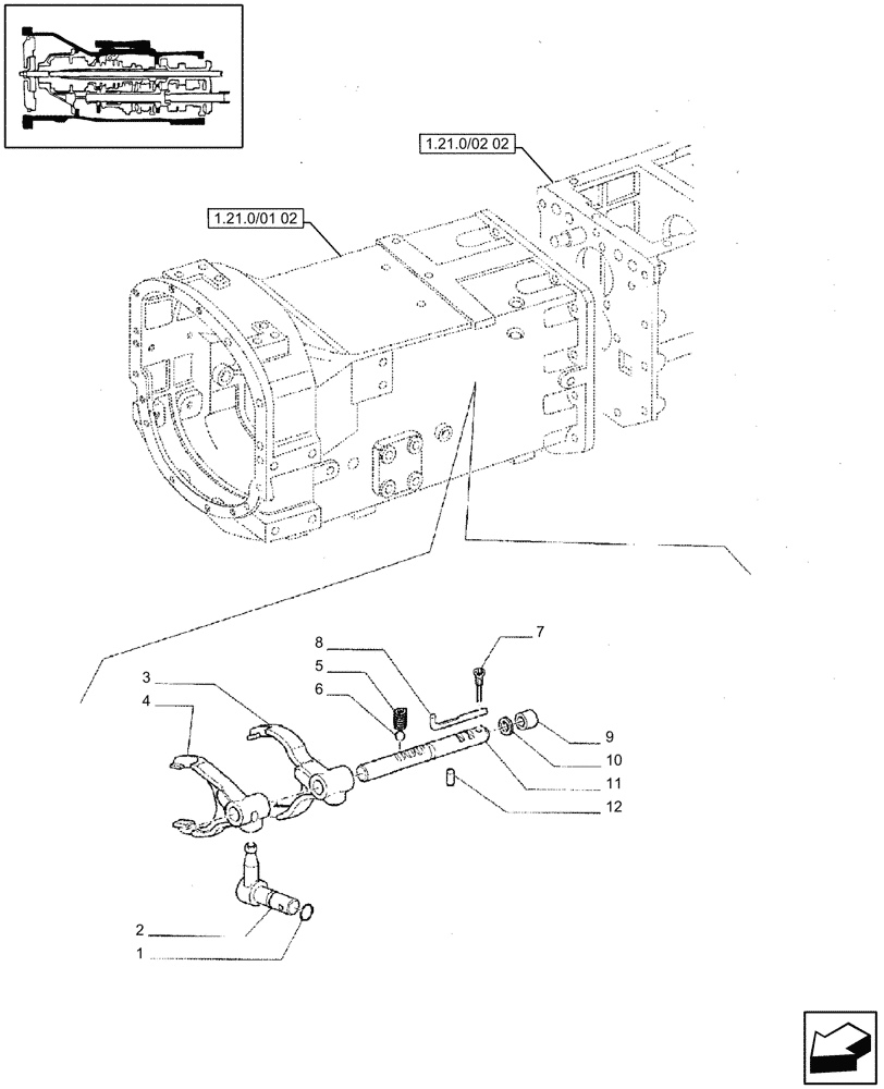 Схема запчастей Case IH JX85 - (1.29.0/01[02]) - (VAR.113, 115) GEARBOX - 20+12 SYNCHRO SHUTTLE+CREÈPER - ROD AND FORK (03) - TRANSMISSION