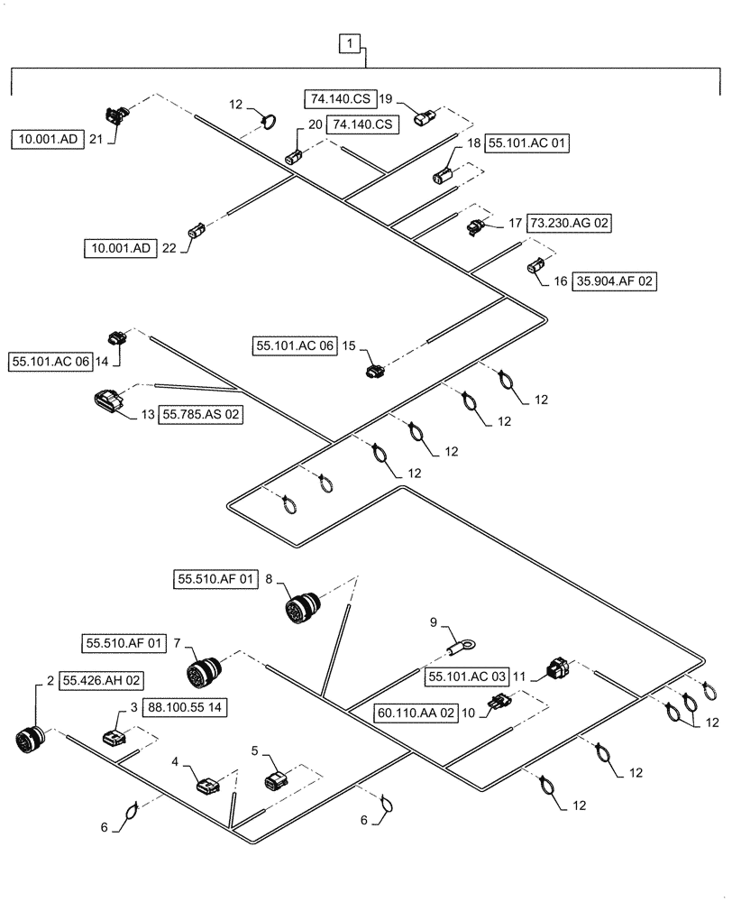 Схема запчастей Case IH 9240 - (55.101.AC[14]) - RH MAIN FRAME WIRE HARNESS & CONNECTOR (55) - ELECTRICAL SYSTEMS
