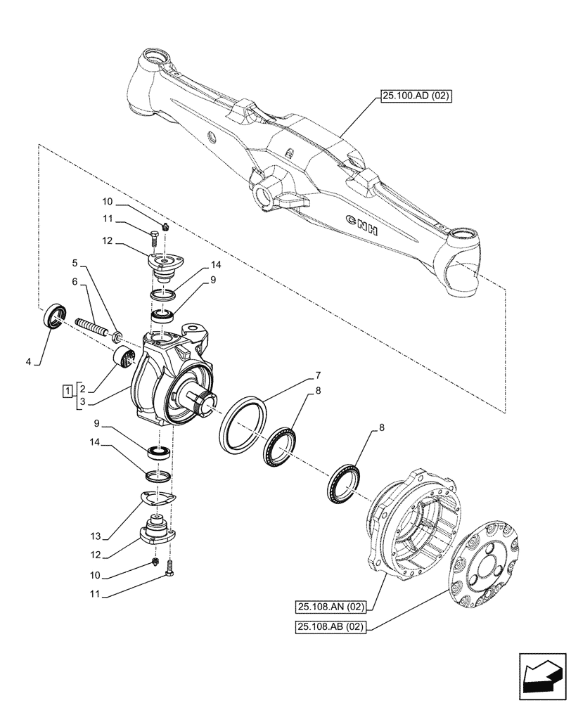 Схема запчастей Case IH FARMALL 110C - (25.108.AG[02]) - VAR - 337323, 744581 - FRONT AXLE, STEERING KNUCKLE, W/ ELECTROHYDRAULIC ENGAGEMENT, 4WD, HEAVY DUTY (25) - FRONT AXLE SYSTEM