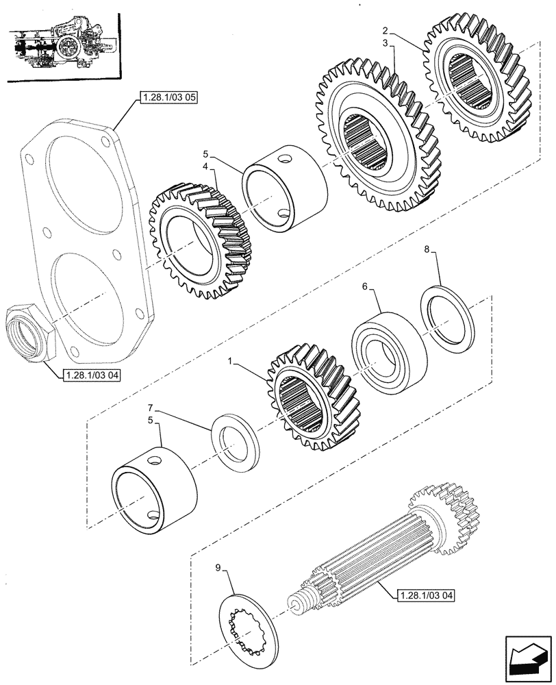 Схема запчастей Case IH JX85 - (1.28.1/03[03]) - (VAR.115) GEARBOX GEARING - SPACER AND DRIVE GEARS (03) - TRANSMISSION