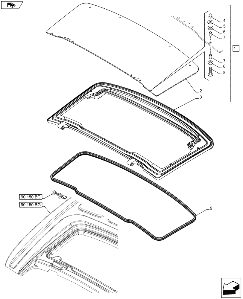 Схема запчастей Case IH FARMALL 115C - (90.156.AY[03A]) - VAR - 743496, 334179, 334180, 334183, 334185, 334211, 336606 - CAB ROOF, GLASS - NA - BEGIN YR 30-APR-2013 (90) - PLATFORM, CAB, BODYWORK AND DECALS