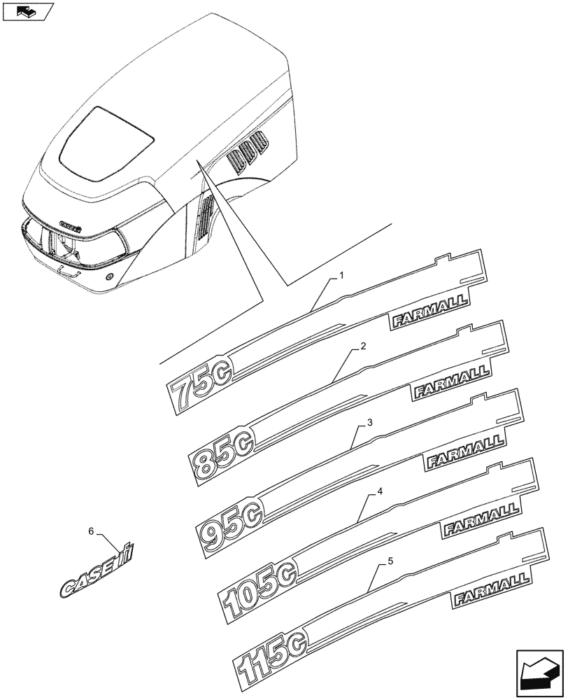 Схема запчастей Case IH FARMALL 115C - (90.108.AB[01]) - DECALS, MODEL IDENTIFICATION (90) - PLATFORM, CAB, BODYWORK AND DECALS