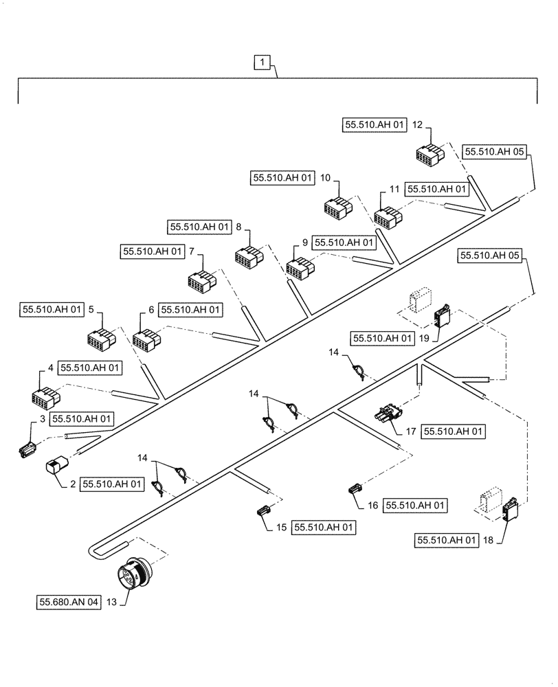 Схема запчастей Case IH 9240 - (55.510.AH[04]) - LOWER ROOF WIRE HARNESS & CONNECTOR (55) - ELECTRICAL SYSTEMS