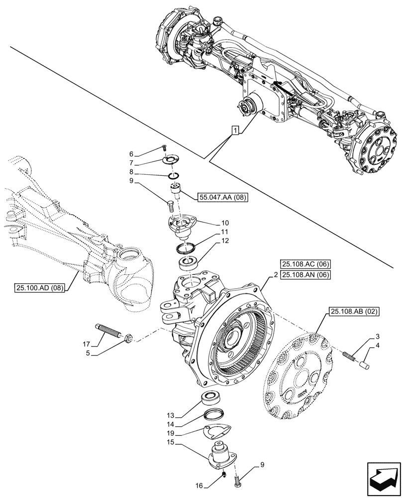 Схема запчастей Case IH PUMA 200 CVT - (25.108.AG[13]) - VAR - 758048 - SUSPENDED FRONT AXLE, STEERING KNUCKLE, RH (25) - FRONT AXLE SYSTEM