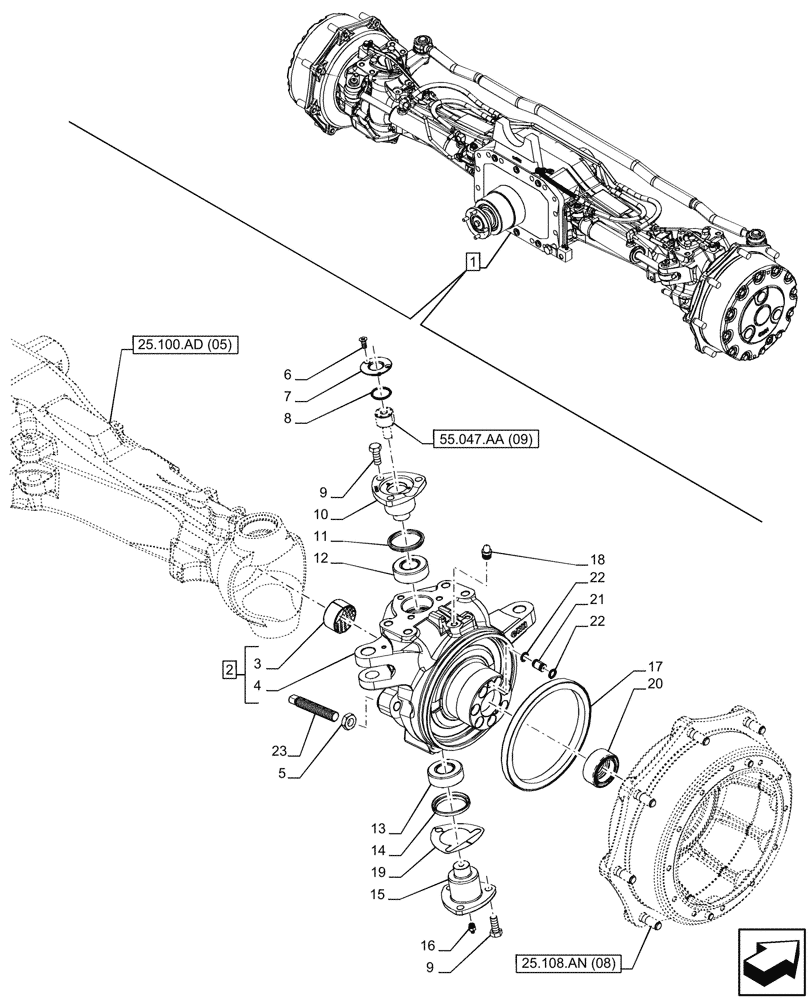 Схема запчастей Case IH PUMA 200 CVT - (25.108.AG[15]) - VAR - 758049 - SUSPENDED FRONT AXLE, W/ FRONT BRAKES, STEERING KNUCKLE, RH (25) - FRONT AXLE SYSTEM