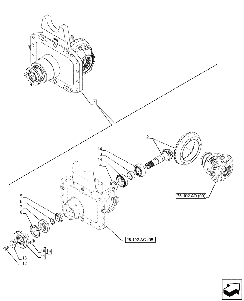 Схема запчастей Case IH PUMA 220 - (25.102.AB[07]) - VAR - 758048, 758049 - SUSPENDED FRONT AXLE, DIFFERENTIAL, BEVEL PINION (25) - FRONT AXLE SYSTEM