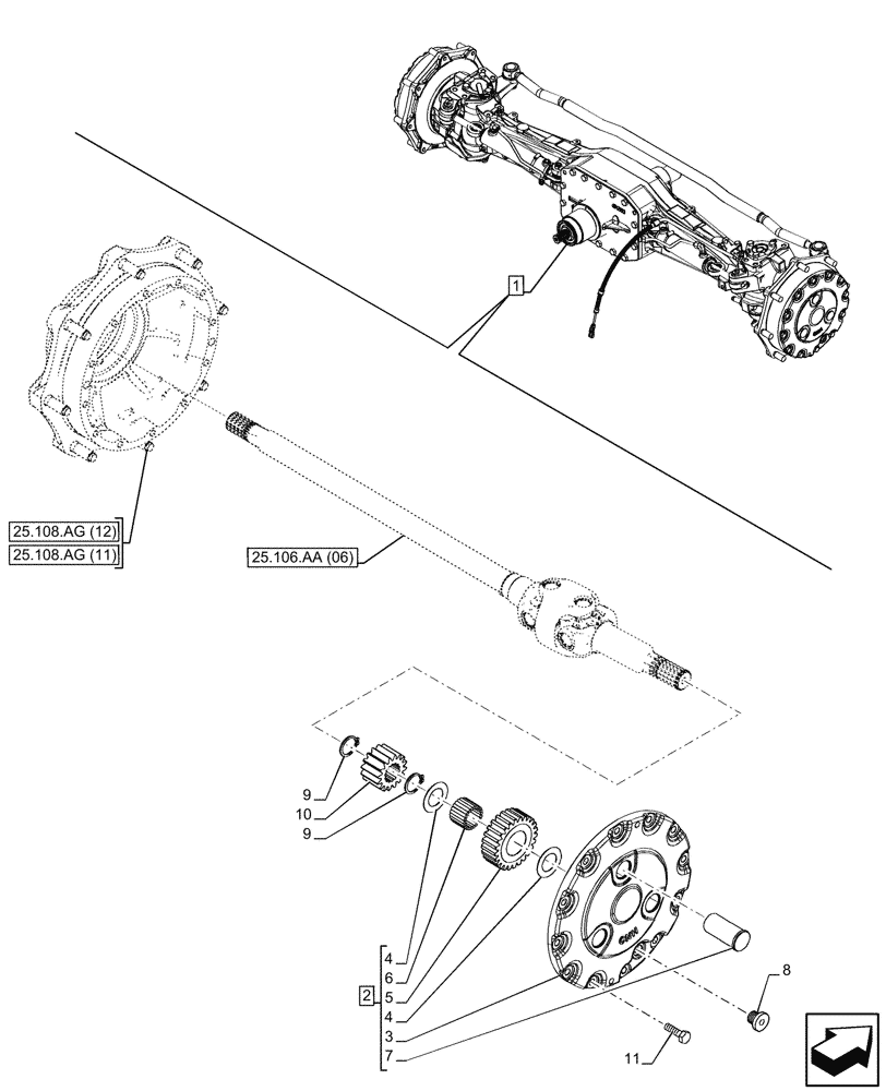 Схема запчастей Case IH PUMA 200 CVT - (25.108.AB[01]) - VAR - 391157 - 4WD FRONT AXLE, PLANETARY GEAR (25) - FRONT AXLE SYSTEM