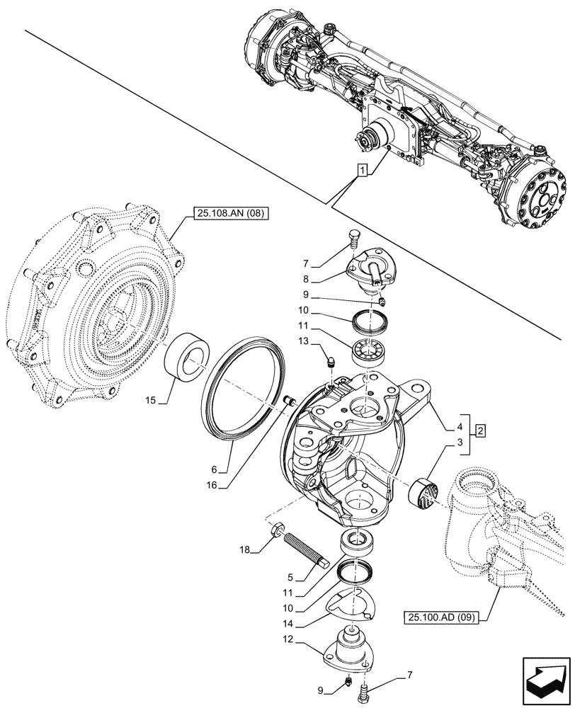 Схема запчастей Case IH PUMA 200 CVT - (25.108.AG[16]) - VAR - 758049 - SUSPENDED FRONT AXLE, W/ FRONT BRAKES, STEERING KNUCKLE, LH (25) - FRONT AXLE SYSTEM