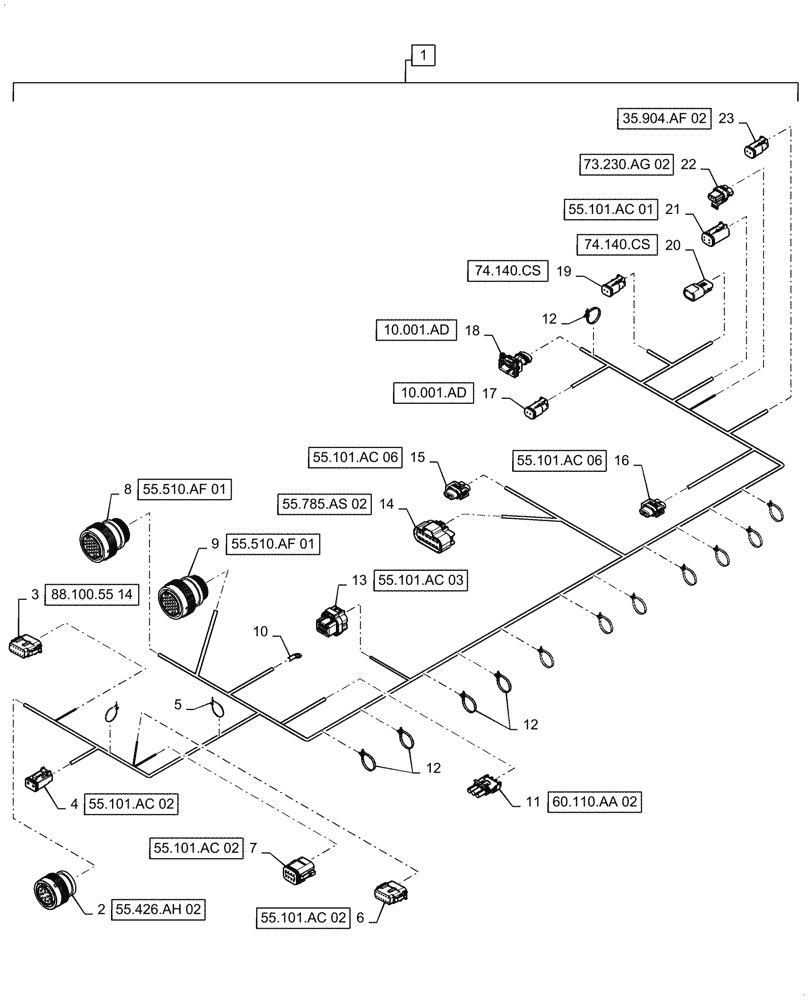 Схема запчастей Case IH 8240 - (55.101.AC[14]) - RH MAIN FRAME WIRE HARNESS & CONNECTOR (55) - ELECTRICAL SYSTEMS