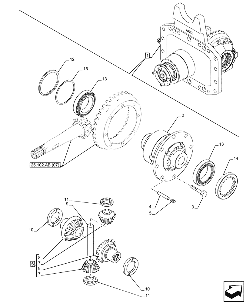 Схема запчастей Case IH PUMA 220 - (25.102.AD[09]) - VAR - 758048, 758049 - SUSPENDED FRONT AXLE, DIFFERENTIAL, HOUSING (25) - FRONT AXLE SYSTEM