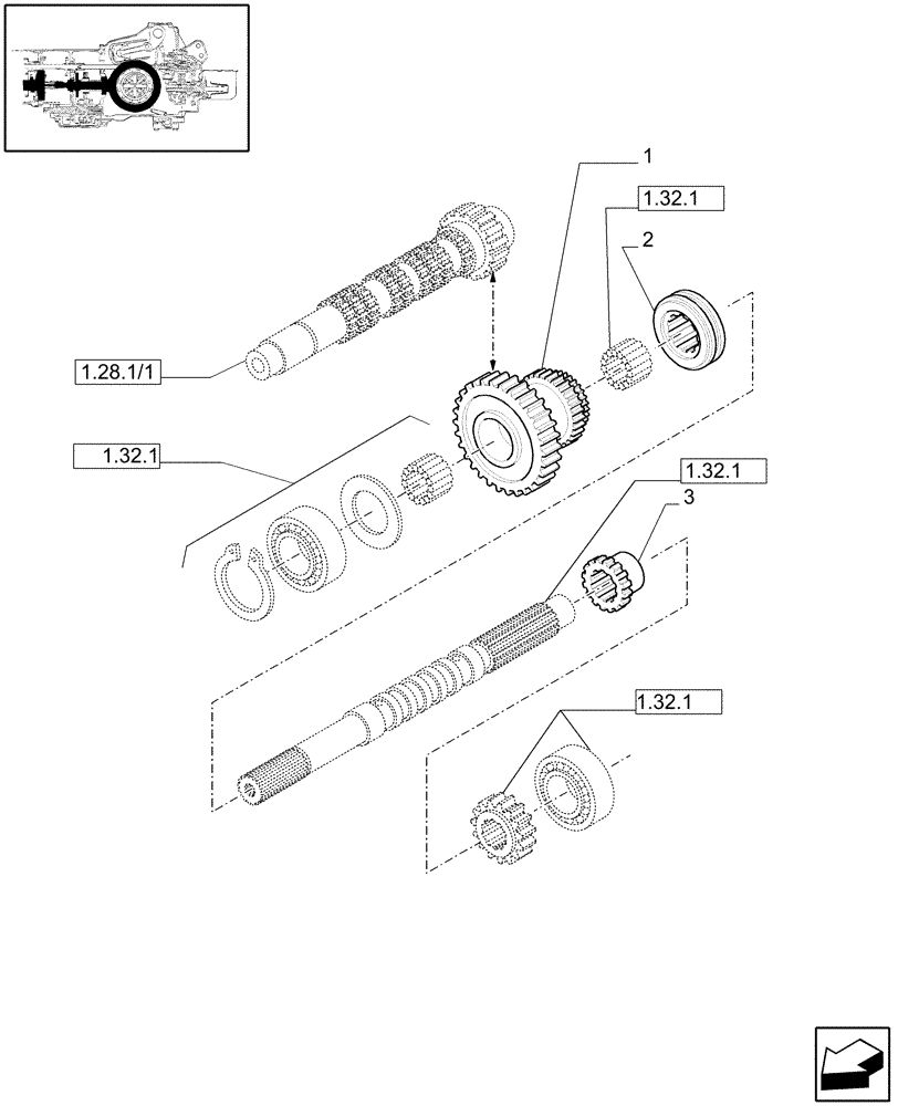 Схема запчастей Case IH JX1070C - (1.32.1/01[02]) - (VAR.138) NA - 8X8 (30KM/H) P. SHUTTLE FOR ADJUSTABLE COLUMN WITHOUT CAB - RANGE GEAR SHAFT (03) - TRANSMISSION