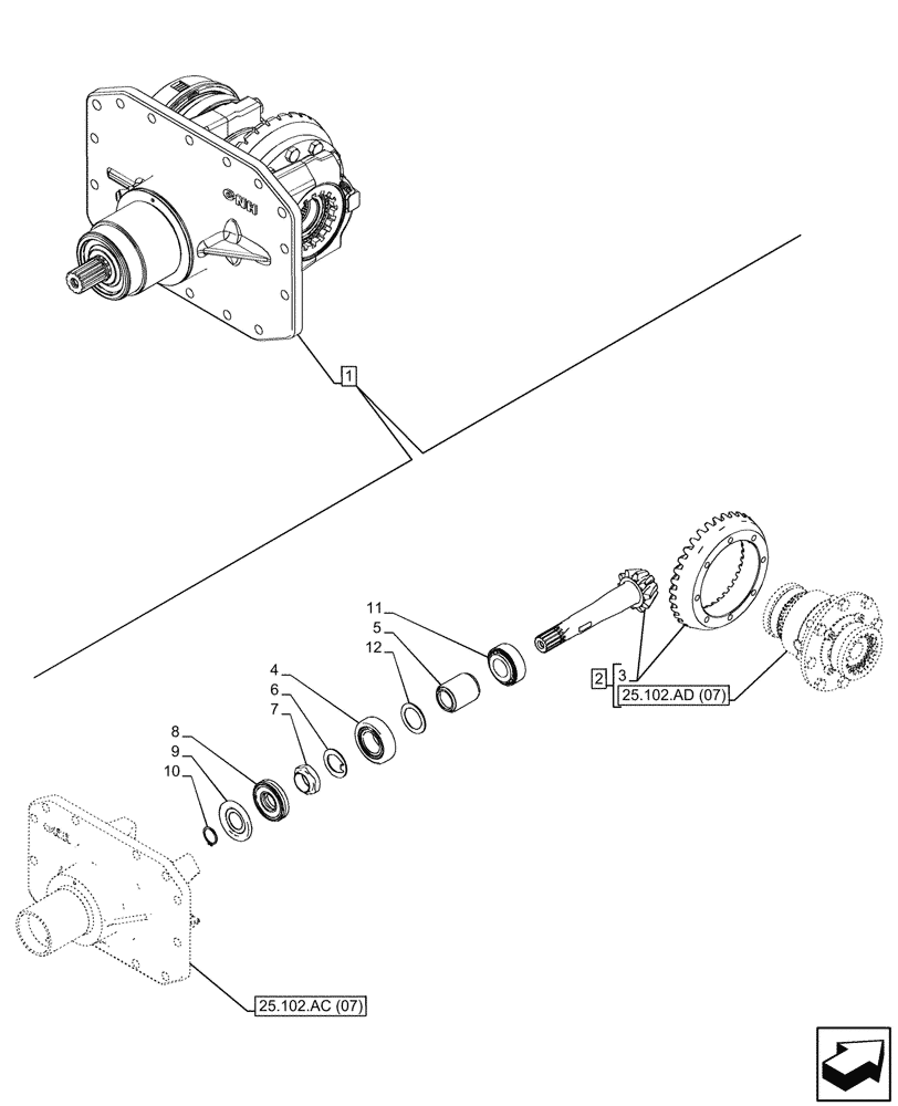 Схема запчастей Case IH PUMA 185 CVT - (25.102.AB[06]) - VAR - 391157 - 4WD FRONT AXLE, DIFFERENTIAL, BEVEL PINION (25) - FRONT AXLE SYSTEM