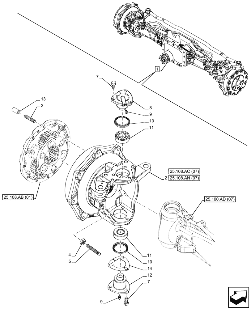 Схема запчастей Case IH PUMA 220 CVT - (25.108.AG[14]) - VAR - 758048 - SUSPENDED FRONT AXLE, STEERING KNUCKLE, LH (25) - FRONT AXLE SYSTEM