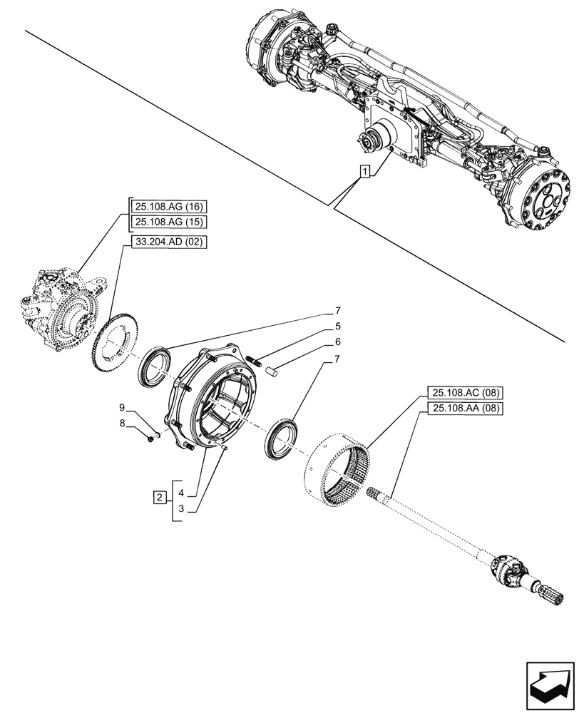 Схема запчастей Case IH PUMA 185 CVT - (25.108.AN[08]) - VAR - 758049 - SUSPENDED FRONT AXLE, W/ FRONT BRAKES, WHEEL, HUB (25) - FRONT AXLE SYSTEM