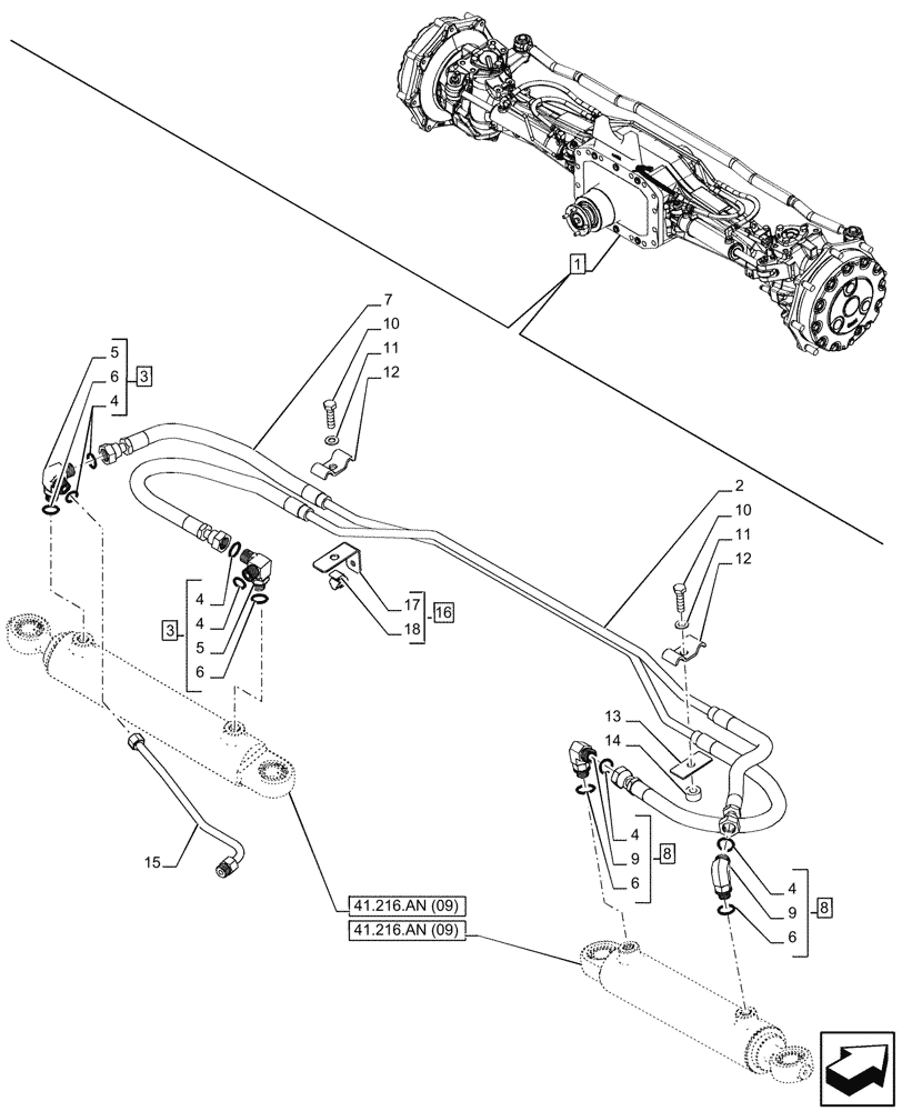 Схема запчастей Case IH PUMA 185 - (41.216.AV[15]) - VAR - 758048 - SUSPENDED FRONT AXLE, STEERING CYLINDER, HYDRAULIC LINE (41) - STEERING