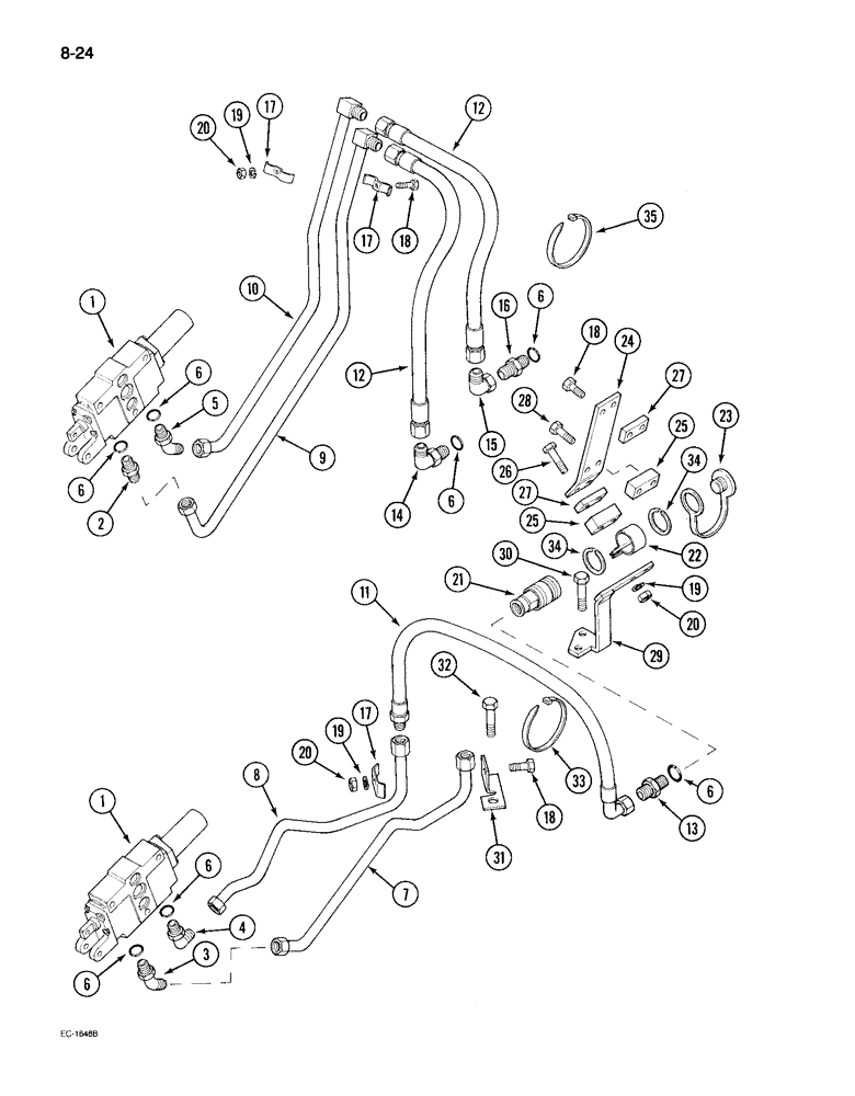 Схема запчастей Case IH 495 - (8-024) - REMOTE AUXILIARY VALVES, FIRST AND SECOND BANK TUBES AND COUPLINGS (08) - HYDRAULICS