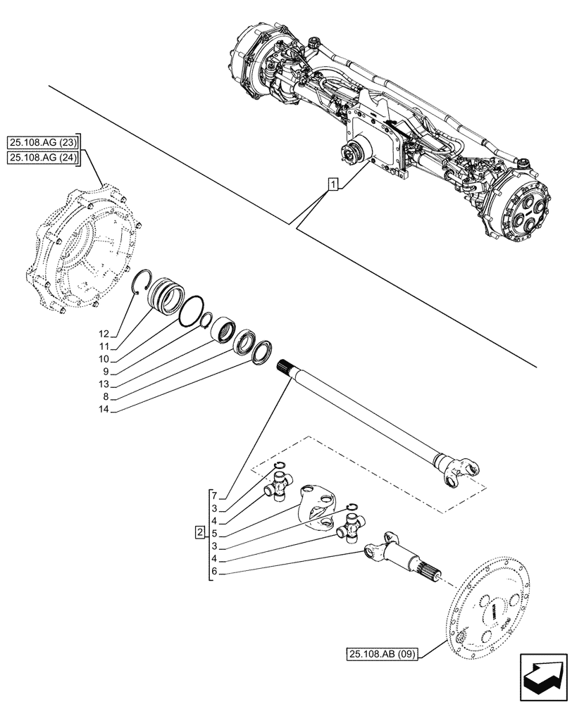 Схема запчастей Case IH PUMA 240 CVT - (25.108.AA[12]) - VAR - 758049 - SUSPENDED FRONT AXLE, W/ FRONT BRAKES, SHAFT (25) - FRONT AXLE SYSTEM