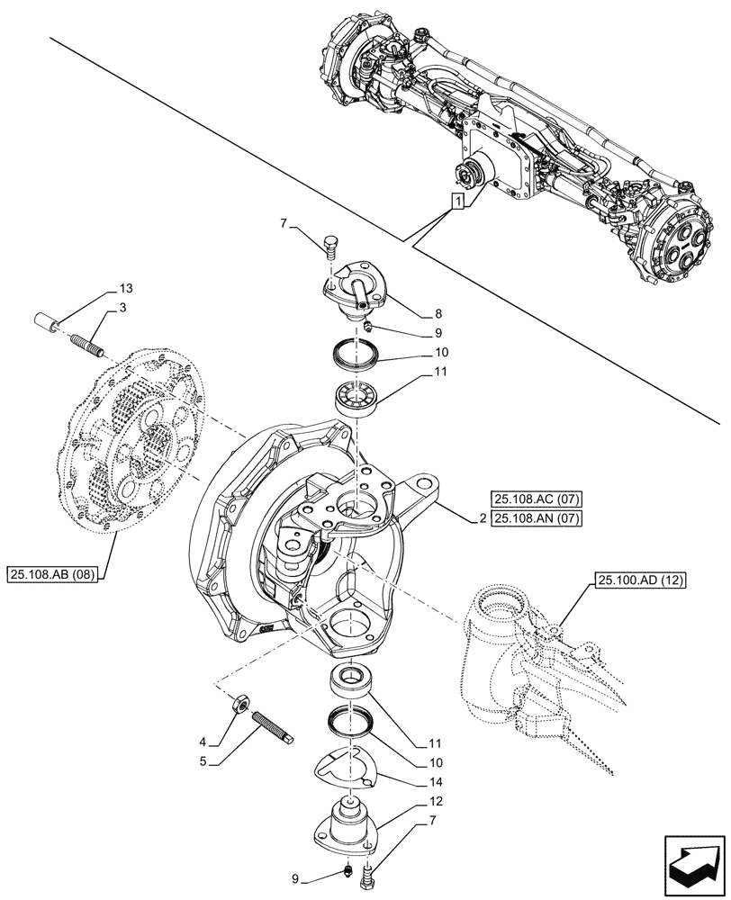 Схема запчастей Case IH PUMA 240 CVT - (25.108.AG[22]) - VAR - 758048 - SUSPENDED FRONT AXLE, STEERING KNUCKLE, LH (25) - FRONT AXLE SYSTEM